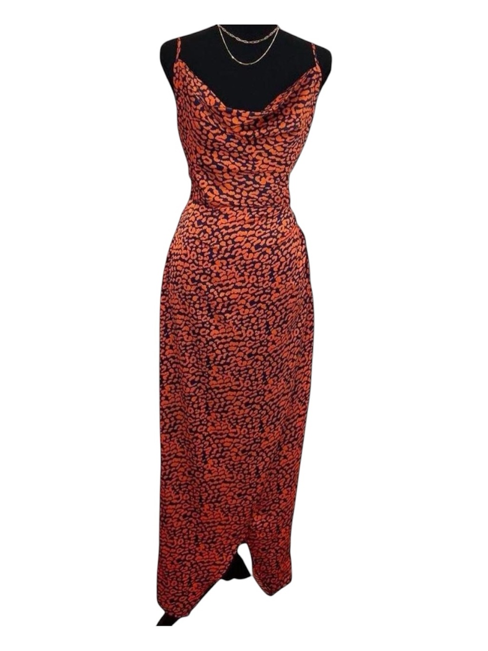 Nasty Gal Orange Leopard Print Satin Midi Dress Cowl Neck Slip Bodycon